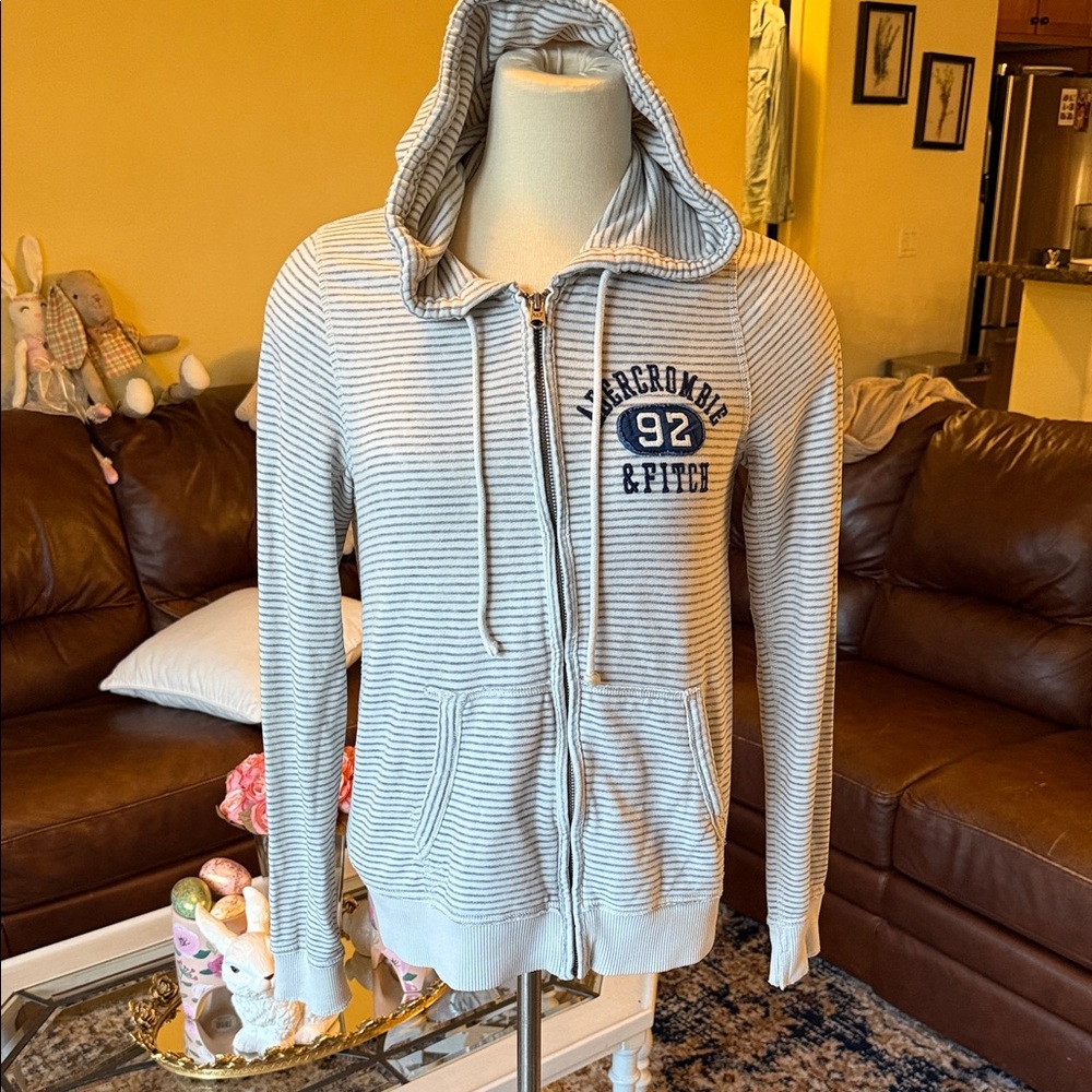Abercrombie & Fitch Hooded Striped Zip Sweater - Light Gray & Navy
